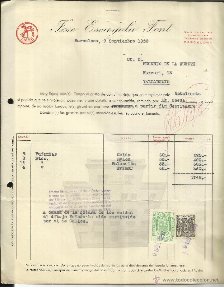 Alte Rechnungen: FACTURA DE JOS&Eacute; ESCAYOLA FONT. JEF. BARCELONA. 1958