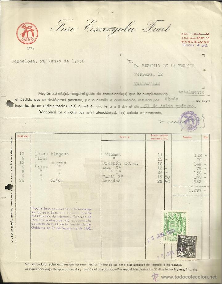 Alte Rechnungen: FACTURA DE JOS&Eacute; ESCAYOLA FONT. JEF. BARCELONA. 1958