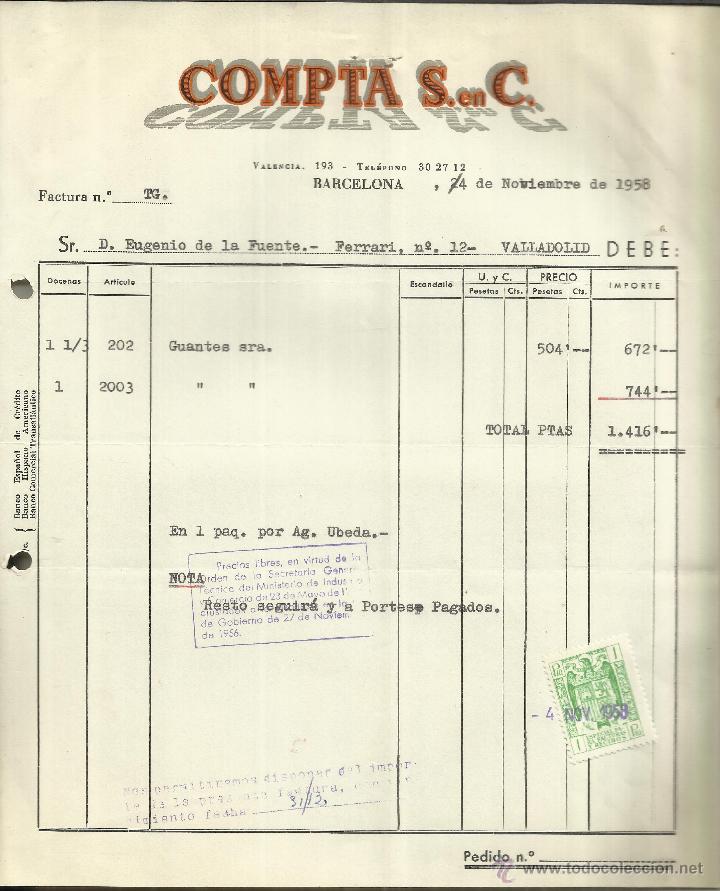Alte Rechnungen: FACTURA DE COMPTA S. EN C. BARCELONA. 1958