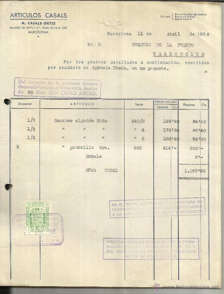 Alte Rechnungen: FACTURA DE ART&Iacute;CULOS CASALS. M.CASALS ORTIZ. BARCELONA. 1958