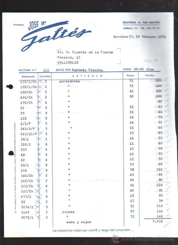Alte Rechnungen: FACTURA DE JOSE M&ordf; GALTES. BISUTERIA AL POR MAYOR. BARCELONA 1971. 2 HOJAS