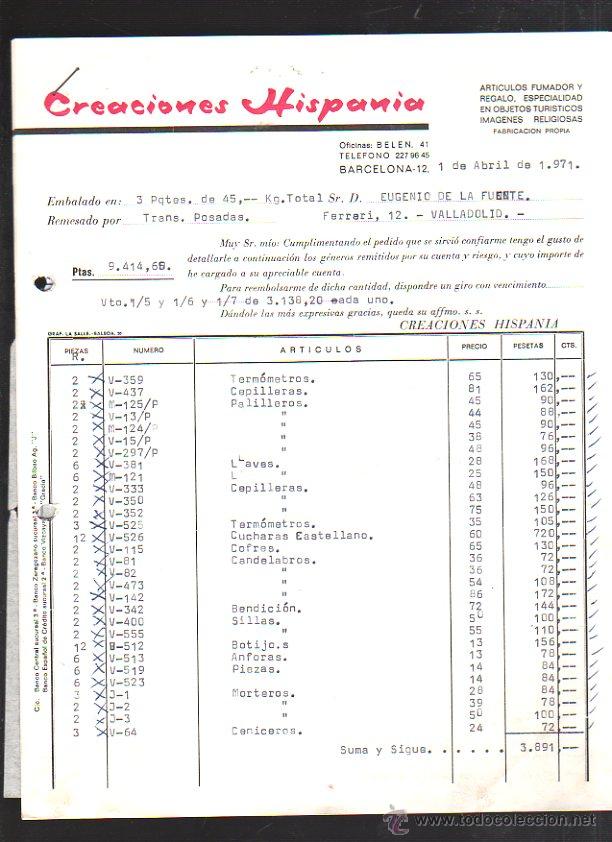Alte Rechnungen: FACTURA CREACIONES HISPANIA. ARTICULOS FUMADOR Y REGALOS. BARCELONA. ABRIL 1971. 4 HOJAS