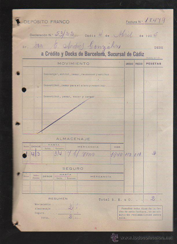 Factures anciennes: DEPOSITO FRANCO. CADIZ. FACTURA A CREDITO Y DOCKS DE BARCELONA. 1925