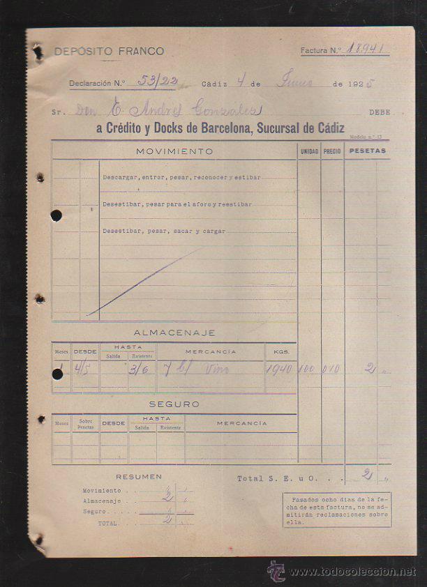 Factures anciennes: DEPOSITO FRANCO. CADIZ. FACTURA A CREDITO Y DOCKS DE BARCELONA. 1925