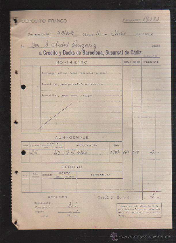 Factures anciennes: DEPOSITO FRANCO. CADIZ. FACTURA A CREDITO Y DOCKS DE BARCELONA. 1925