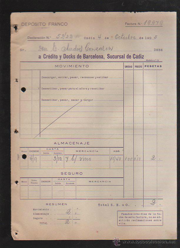 Factures anciennes: DEPOSITO FRANCO. CADIZ. FACTURA A CREDITO Y DOCKS DE BARCELONA. 1925