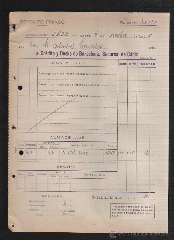 Factures anciennes: DEPOSITO FRANCO. CADIZ. FACTURA A CREDITO Y DOCKS DE BARCELONA. 1925