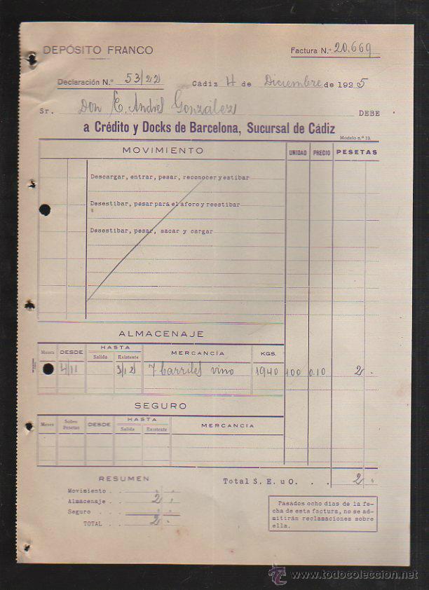 Factures anciennes: DEPOSITO FRANCO. CADIZ. FACTURA A CREDITO Y DOCKS DE BARCELONA. 1925