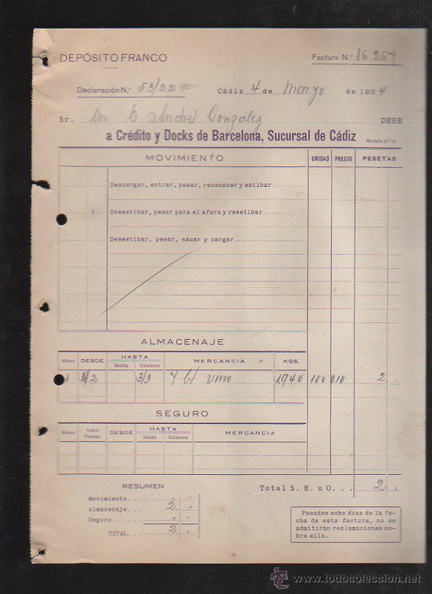 Factures anciennes: DEPOSITO FRANCO. CADIZ. FACTURA A CREDITO Y DOCKS DE BARCELONA. 1924