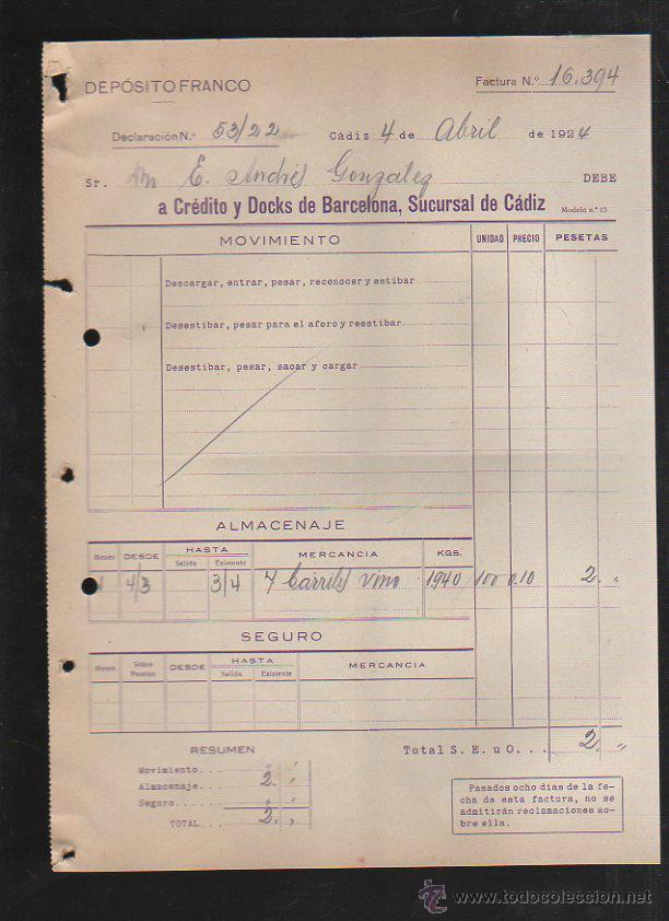 Factures anciennes: DEPOSITO FRANCO. CADIZ. FACTURA A CREDITO Y DOCKS DE BARCELONA. 1924