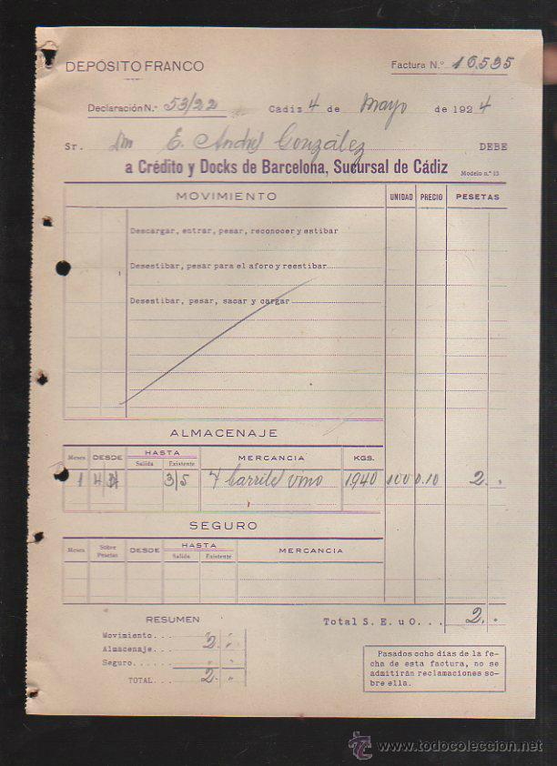 Factures anciennes: DEPOSITO FRANCO. CADIZ. FACTURA A CREDITO Y DOCKS DE BARCELONA. 1924