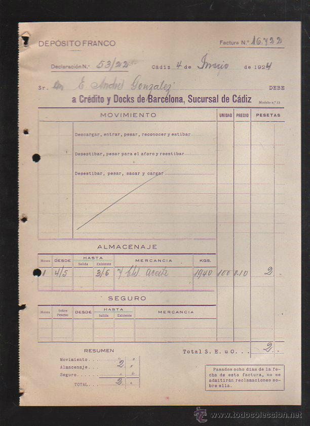 Factures anciennes: DEPOSITO FRANCO. CADIZ. FACTURA A CREDITO Y DOCKS DE BARCELONA. 1924