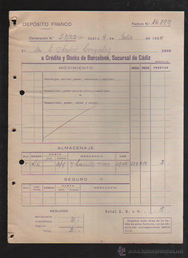 Factures anciennes: DEPOSITO FRANCO. CADIZ. FACTURA A CREDITO Y DOCKS DE BARCELONA. 1924