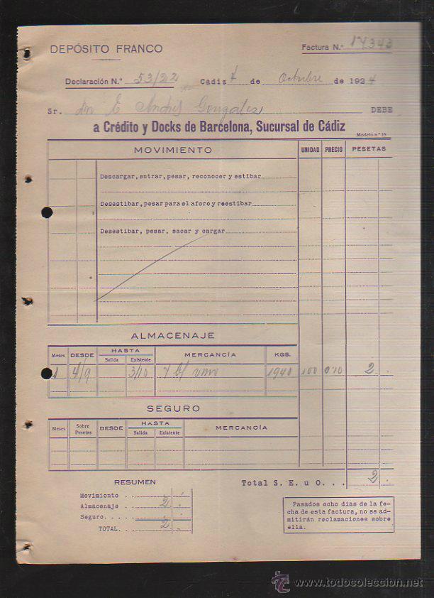 Factures anciennes: DEPOSITO FRANCO. CADIZ. FACTURA A CREDITO Y DOCKS DE BARCELONA. 1924