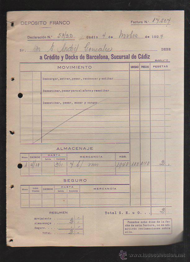 Factures anciennes: DEPOSITO FRANCO. CADIZ. FACTURA A CREDITO Y DOCKS DE BARCELONA. 1924