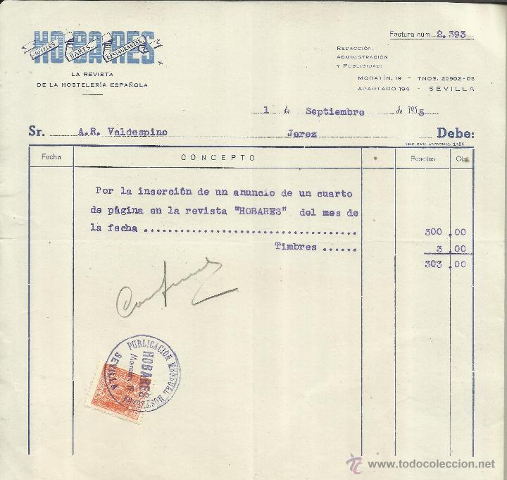 Factures anciennes: FACTURA DE HOBATES. HOTELES, BARES Y RESTAURANTES. SEVILLA. 1955