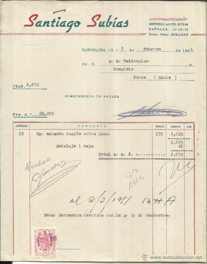 Fatture antiche: FACTURA DE SANTIAGO SUB&Iacute;AS. BARCELONA. 1951