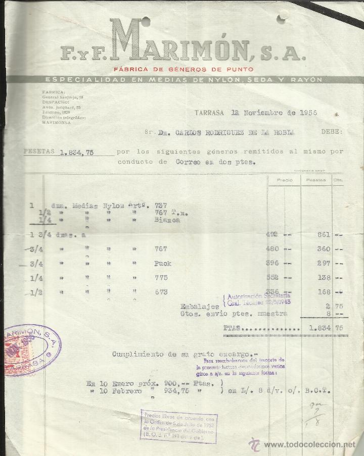 Fatture antiche: FACTURA DE F Y F. MARIM&Oacute;N S.A. F&Aacute;BRICA DE G&Eacute;NEROS DE PUNTO. TARRASA. BARCELONA. 1956