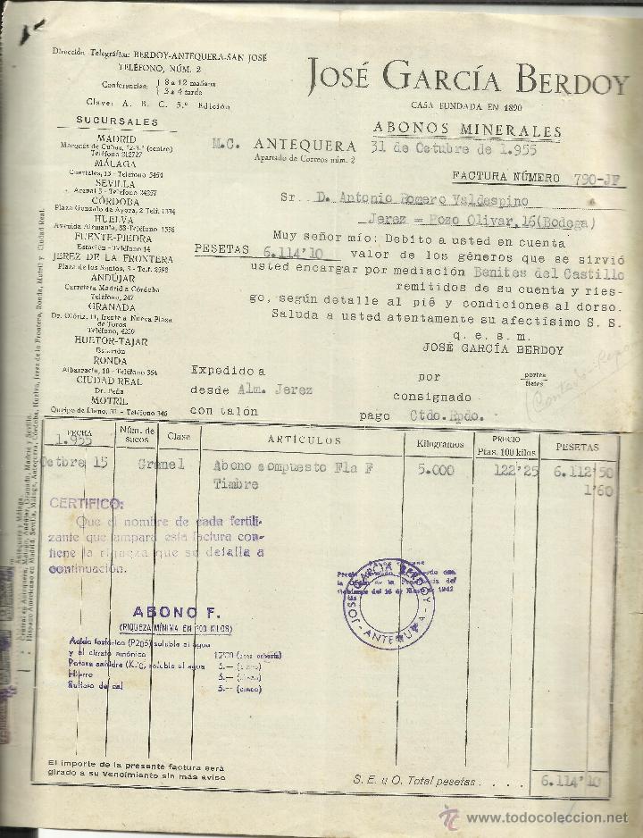 Fatture antiche: FACTURA DE JOS&Eacute; GARC&Iacute;A BERDOY. ABONOS MINERALES. ANTEQUERA. M&Aacute;LAGA. 1955