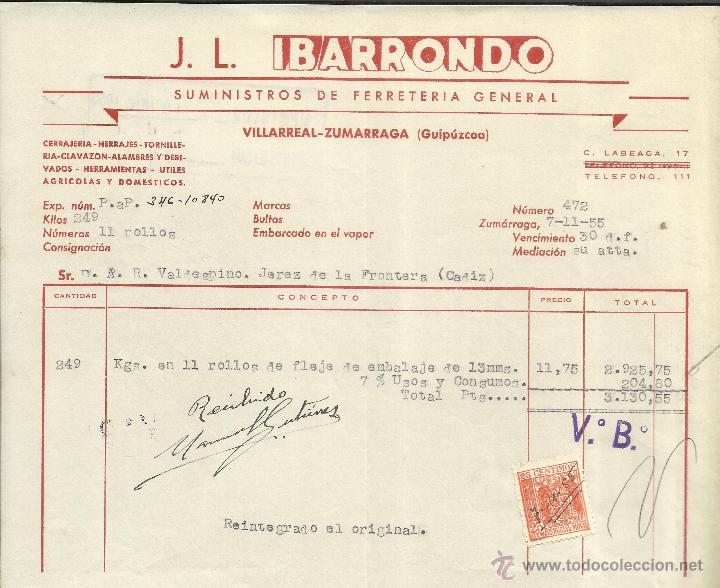 Fatture antiche: FACTURA DE J.L. IBARRONDO. SUMINISTROS DE FERRETER&Iacute;A. VILLAREAL-ZUMARRAGA. GUIP&Uacute;ZCOA. 1955