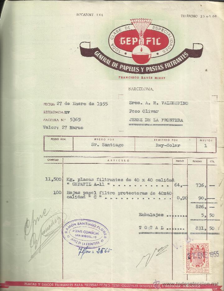 Fatture antiche: FACTURA DE GEPAFIC. GENERAL DE PAPELES Y PASTAS FILTRANTES. BARCELONA. 1955