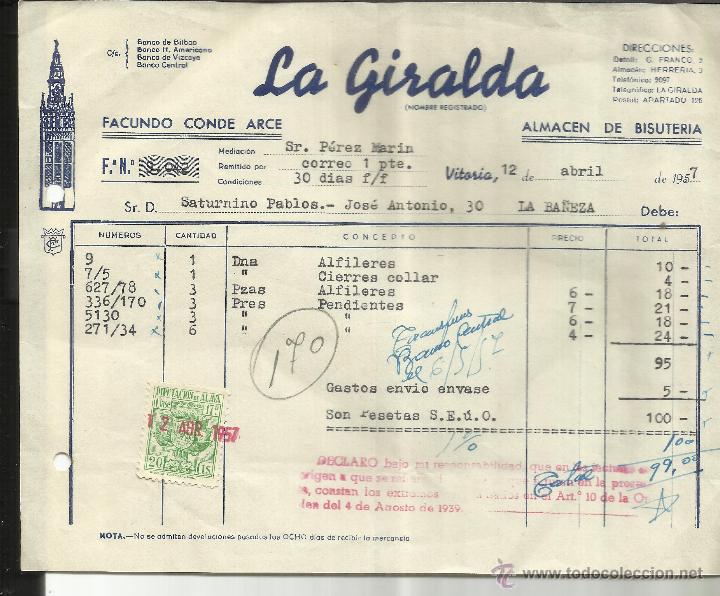 Fatture antiche: FACTURA DE LA GIRALDA. FACUNDO CONDE ARCE. ALMAC&Eacute;N DE BISUTER&Iacute;A. VITORIA. 1957