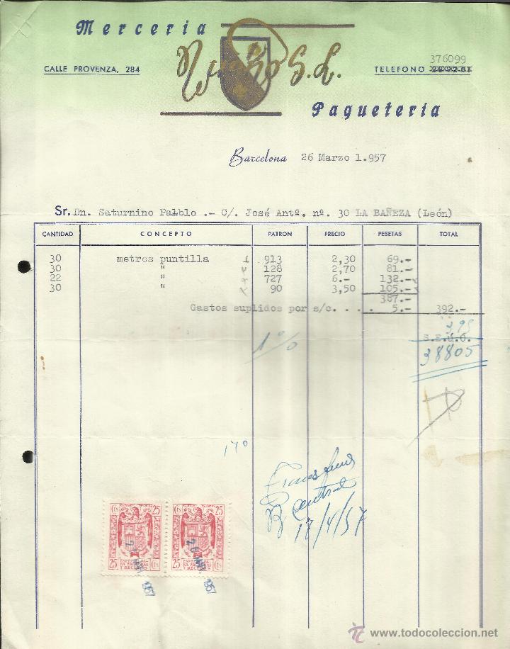Fatture antiche: FACTURA DE DISE&Ntilde;O S.L. MERCER&Iacute;A Y PAQUETER&Iacute;A. BARCELONA. 1957