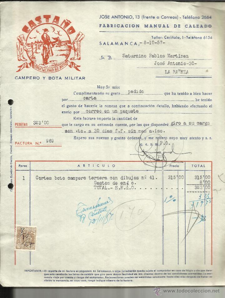 Fatture antiche: FACTURA DE CASTA&Ntilde;O. CAMPERO Y BOTA MILITAR. SALAMANCA. 1957