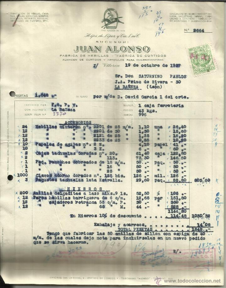 Fatture antiche: FACTURA DE HIJOS DE L&Oacute;PEZ Y C&Iacute;A. SUCESOR: JUAN ALONSO. VITORIA. 1957
