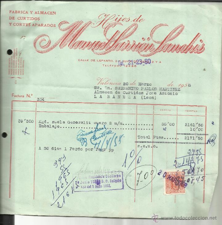 Fatture antiche: FACTURA DE HIJOS DE MANUEL SARRI&Oacute;N SANCHIS. F&Aacute;BRICA Y ALMAC&Eacute;N DE CURTIDOS. VALENCIA. 1958