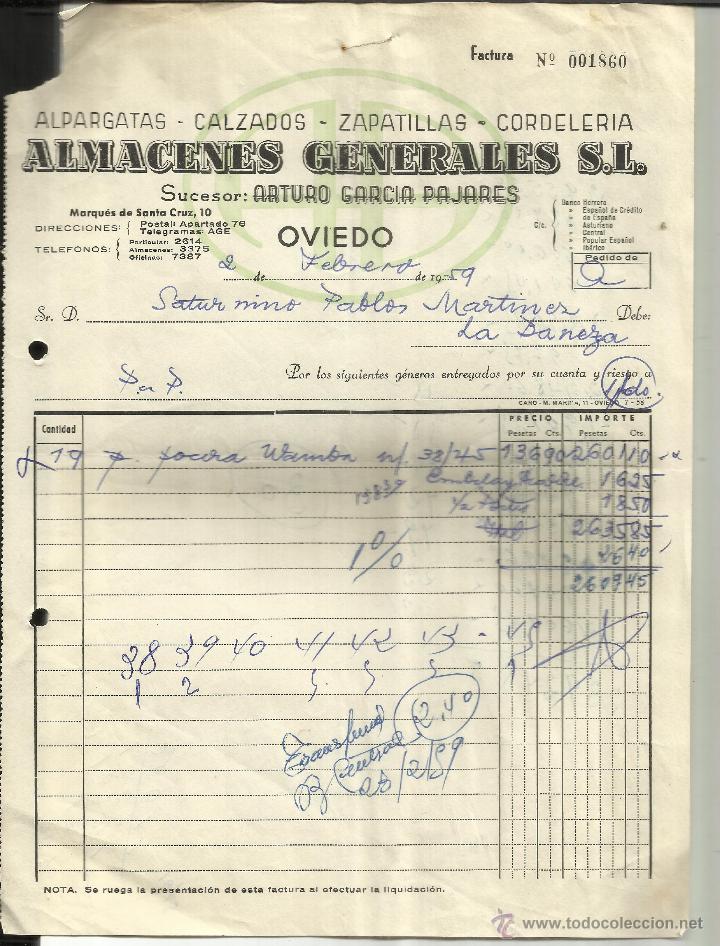 Fatture antiche: FACTURA DE ALMACENES GENERALES S.L. SUCESOR ARTURO GARC&Iacute;A PAJARES. OVIEDO. 1959