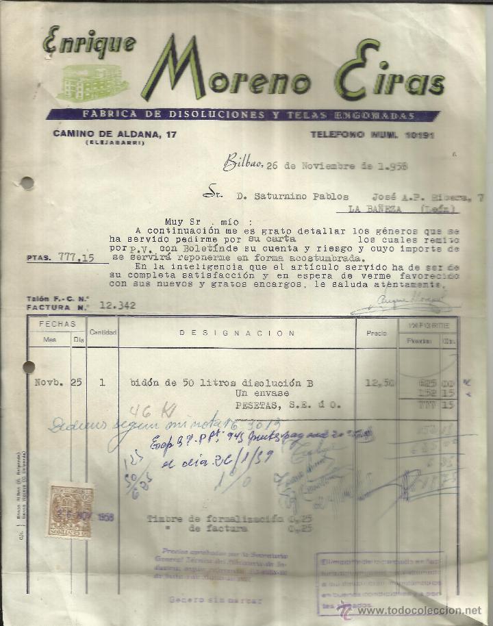 Fatture antiche: FACTURA DE ENRIQUE MORENO EIRAS. F&Aacute;BRICA DE DISOLUCIONES Y TELAS ENGOMADAS. BILBAO. 1958