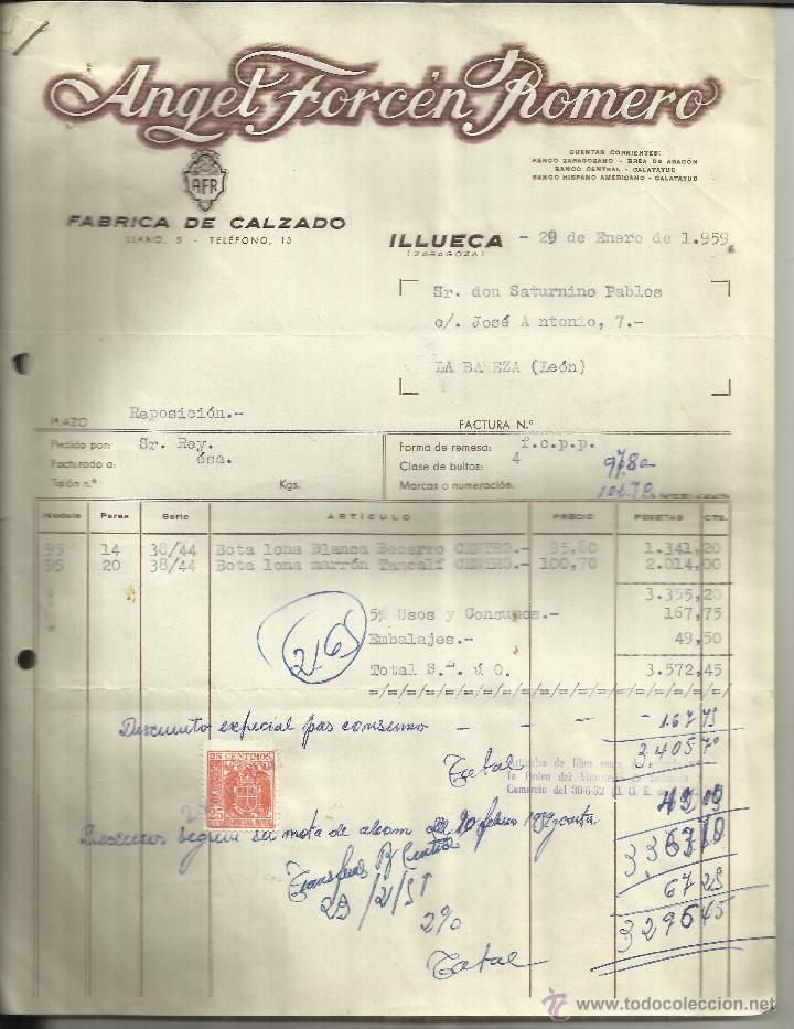 Fatture antiche: FACTURA DE ANGEL FORC&Eacute;N ROMERO. F&Aacute;BRICA DE CALZADO. ILLUECA. ZARAGOZA. 1959