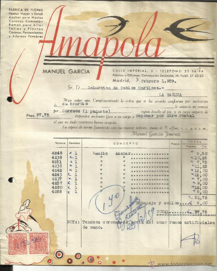 Fatture antiche: FACTURA DE MANUEL GARC&Iacute;A. AMAPOLA. MADRID. 1959