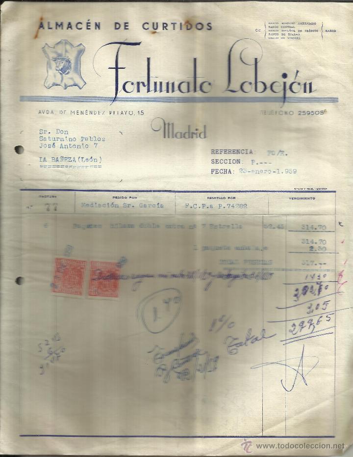 Fatture antiche: FACTURA DE FORTUNATO LOBEJ&Oacute;N. ALMAC&Eacute;N DE CURTIDOS. MADRID. 1958