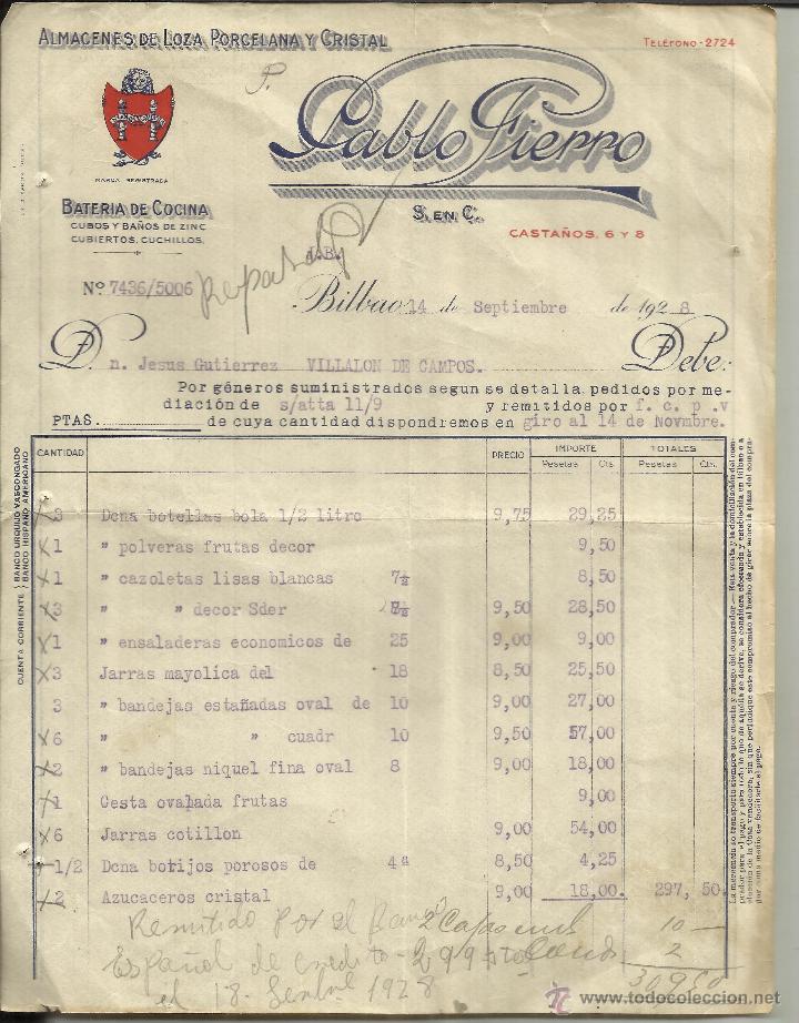 Fatture antiche: FACTURA DE PABLO FIERRO. ALMAC&Eacute;N DE LOZA, PORCELANA Y CRISTAL. BILBAO. 1928