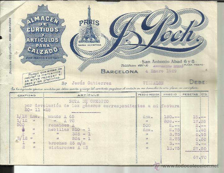 Old Invoices: FACTURA DE B. POCH. ALMAC&Eacute;N DE CURTIDOS Y ART&Iacute;CULOS PARA CALZADO. BARCELONA. 1929