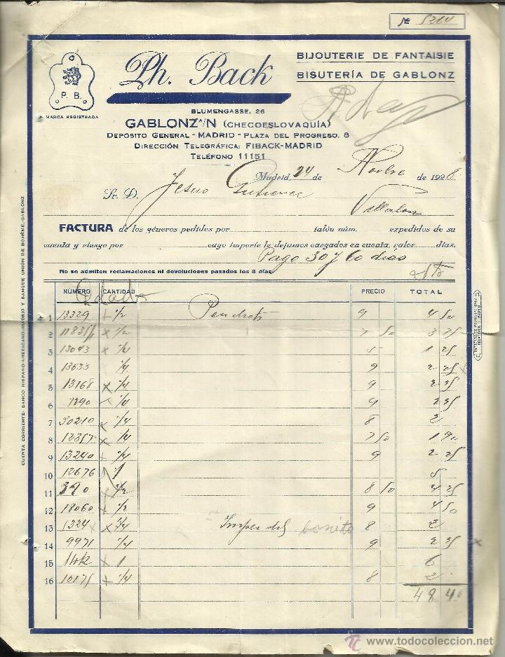 Old Invoices: FACTURA DE PH. BACK. GABLONZ. CHECOSLOVAQUIA. 1928