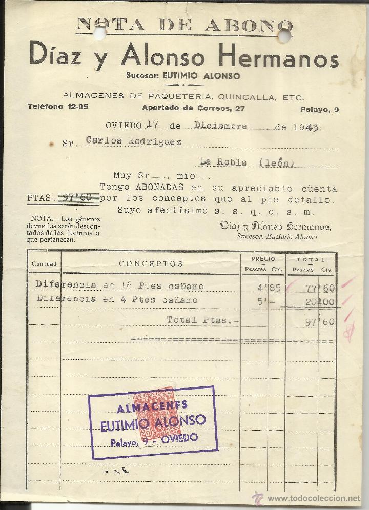 Old Invoices: FACTURA DE D&Iacute;AZ Y ALONSO HERMANOS. SUCESOR: EUTIMIO ALONSO. ALMAC&Eacute;N DE PAQUETER&Iacute;A. OVIEDO. 1943