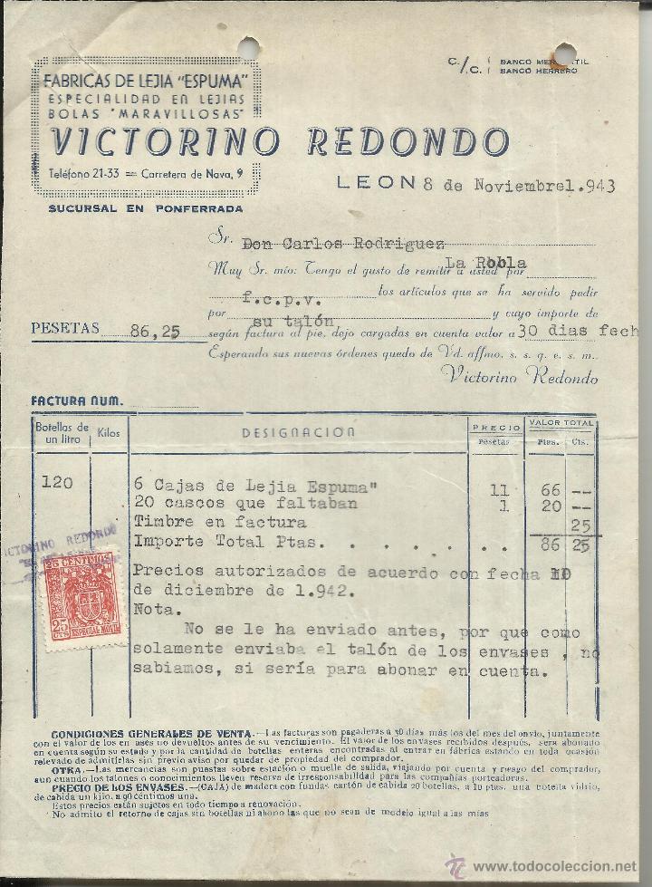 Old Invoices: FACTURA DE VICTORIANO REDONDO. F&Aacute;BRICA DE LEJIAS ESPUMA. LE&Oacute;N. 1943