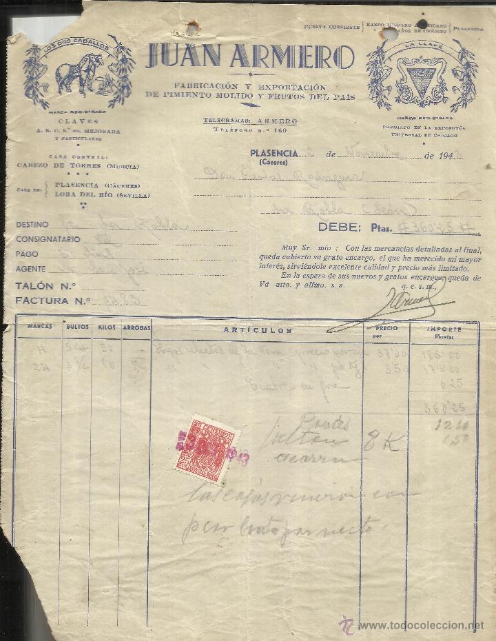 Alte Rechnungen: FACTURA DE JUAN ARMERO. FABRICACI&Oacute;N DE PIMIENTO MOLIDO Y FRUTOS DEL PA&Iacute;S. PLASENCIA. C&Aacute;CERES. 1943