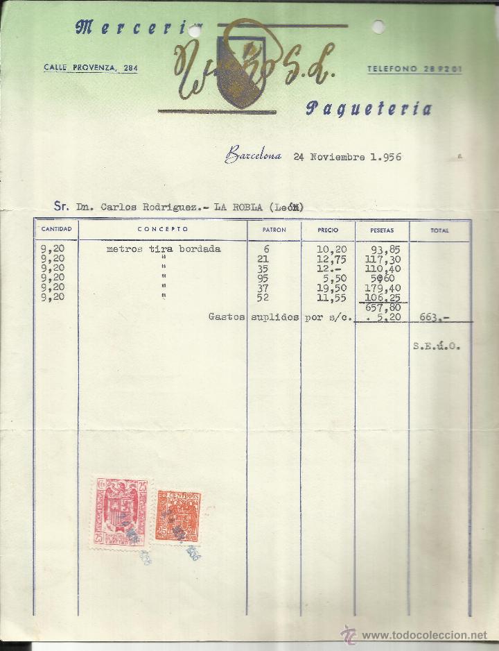 Old Invoices: FACTURA DE DISE&Ntilde;O S.L. MERCER&Iacute;A, PAQUETER&Iacute;A. BARCELONA. 1956