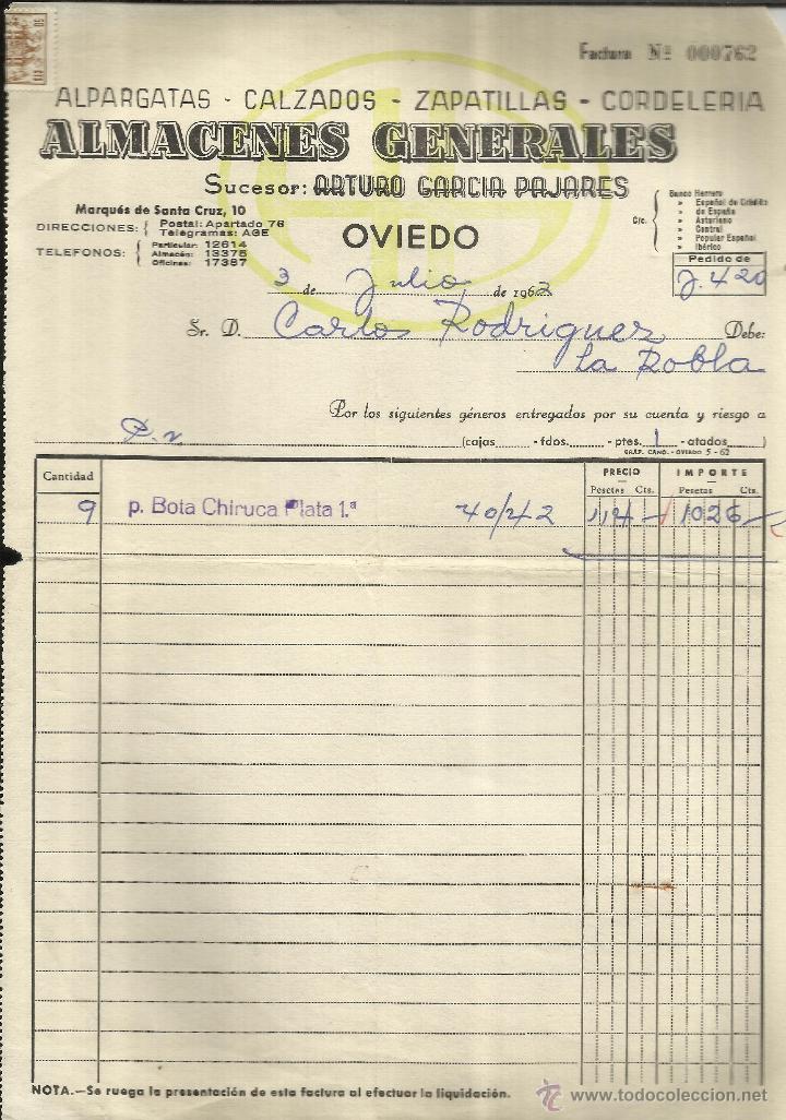 Old Invoices: FACTURA DE ALMACENES GENERALES. SUCESOR: ARTURO GARC&Iacute;A PAJARES. ALPARGATAS. OVIEDO. 1962