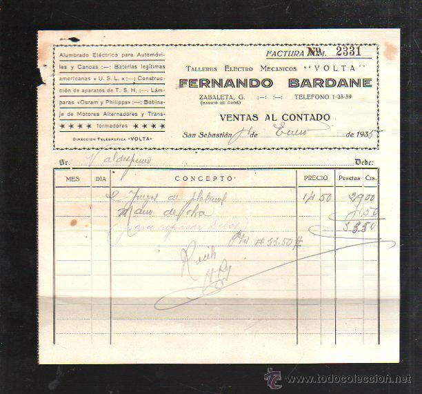 Old Invoices: FACTURA. TALLERES ELECTRO MECANICOS. FERNANDO BARDANE. SAN SEBASTIAN. 1935