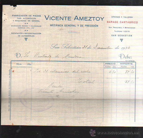 Old Invoices: FACTURA. VICENTE AMEZTOY. MECANICA. SAN SEBASTIAN. 1934