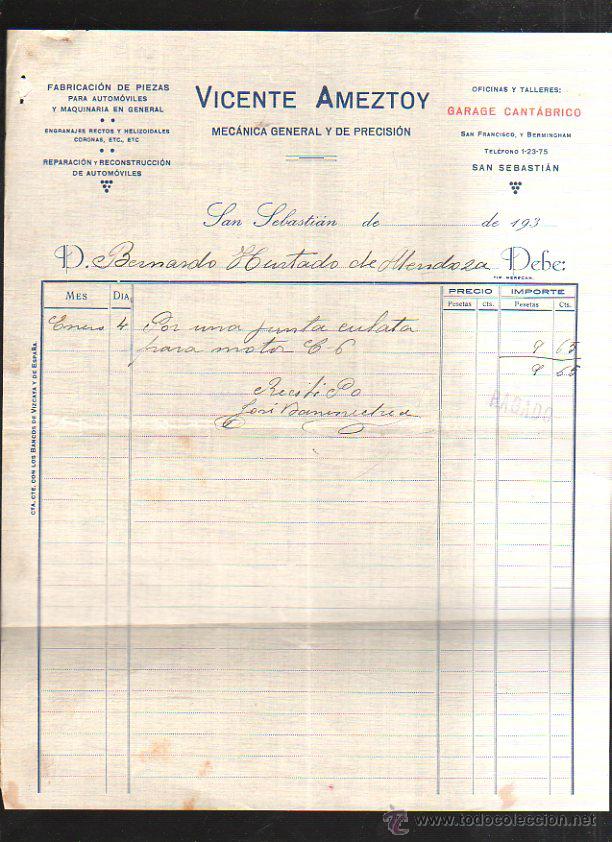 Old Invoices: FACTURA. VICENTE AMEZTOY. MECANICA. SAN SEBASTIAN. A&Ntilde;OS 30