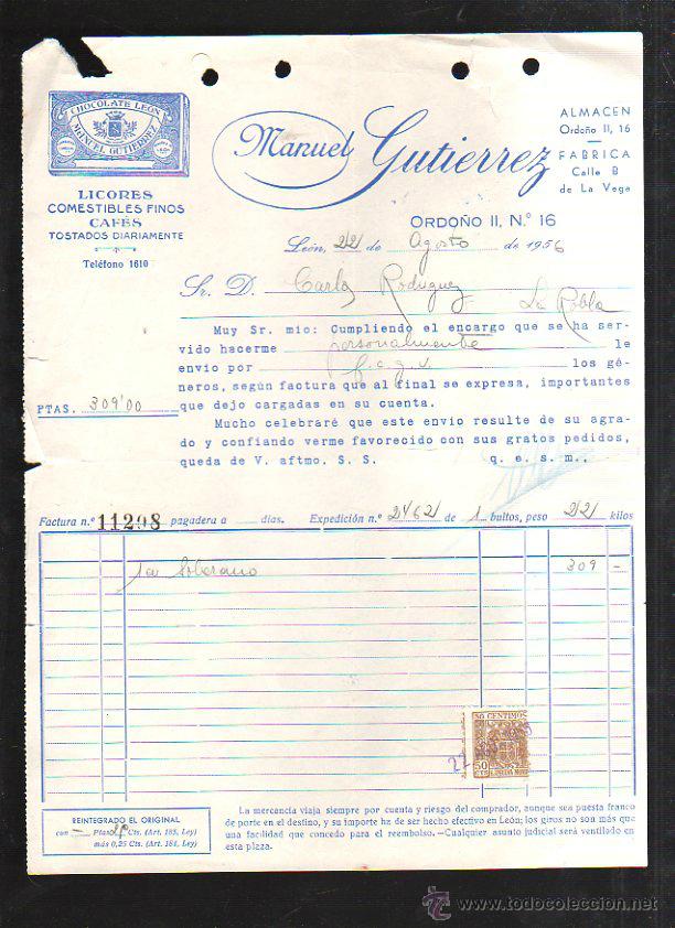 Old Invoices: FACTURA DE MANUEL GUTIERREZ. LICORES, CAFES. 1956. LEON. CHOCOLATE LEON.