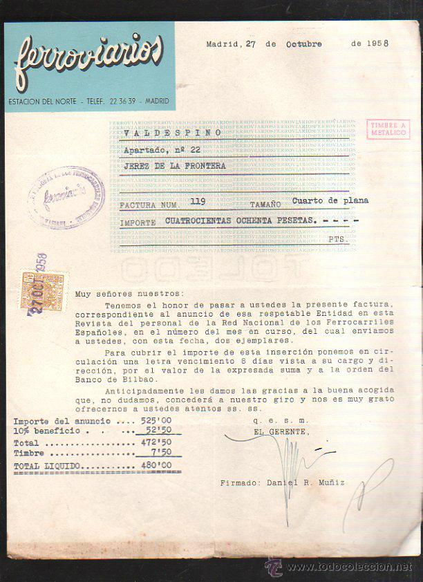 Old Invoices: FERROVIARIOS. ESTACION DEL NORTE. MADRID. 1958. FACTURA DE UN ANUNCIO DE PUBLICIDAD