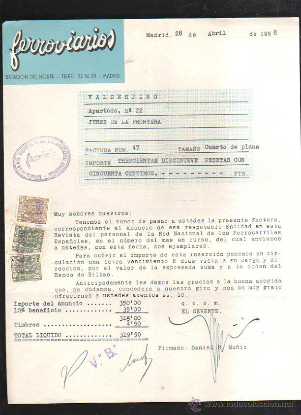 Old Invoices: FERROVIARIOS. ESTACION DEL NORTE. MADRID. 1958. FACTURA DE UN ANUNCIO DE PUBLICIDAD