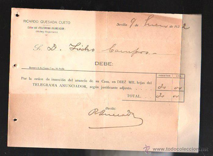 Old Invoices: TELEGRAMA ANUNCIADOR. FACTURA POR LA INSERCION DE UN ANUNCIO. RICARDO QUESADA CUETO. 1922